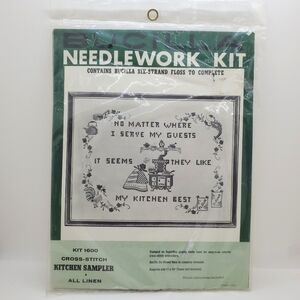 Vintage Bucilla Guests Love My Kitchen Best Sampler Cross Stitch Kit 11 x 14 NEW